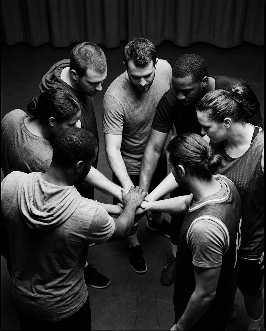 Athletes huddled together — a community supporting each other toward peak performance
