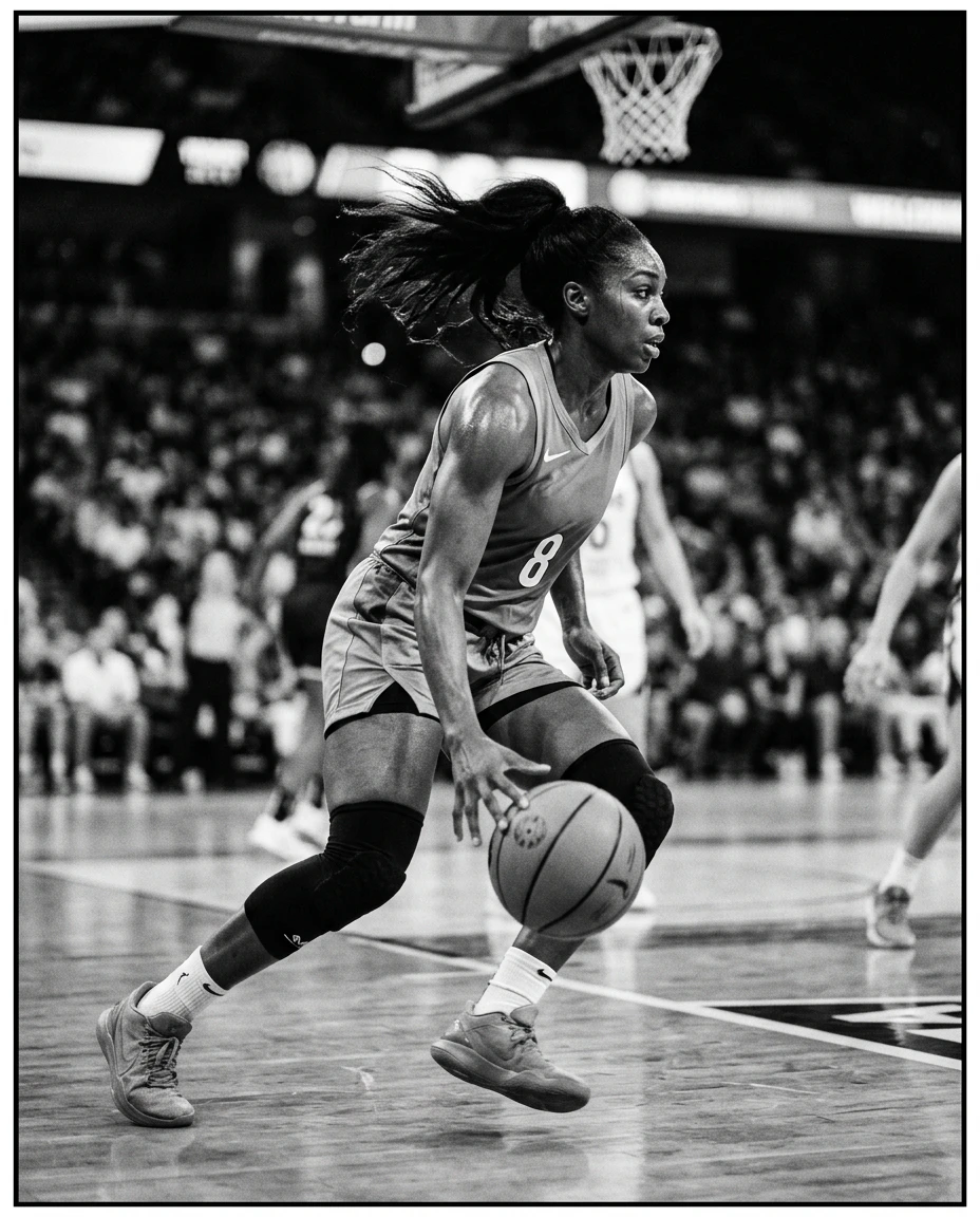 Female basketball player driving to the hoop mid-action