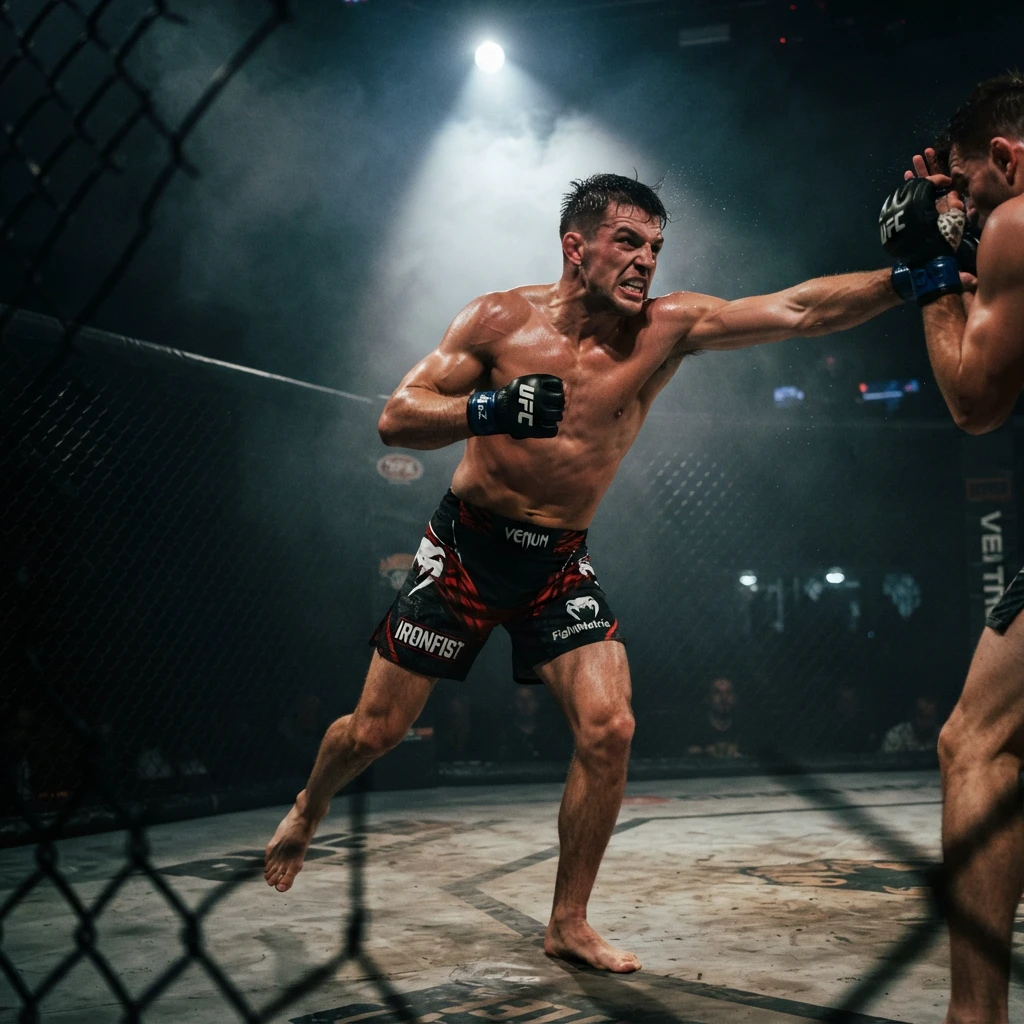 MMA fighter in fighting stance throwing a precise punch in a cage, dramatic spotlight lighting