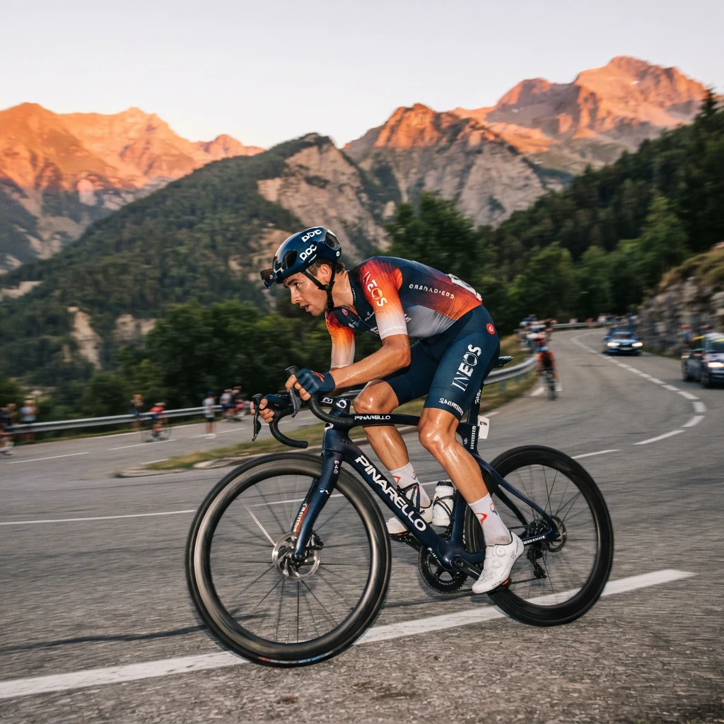 Road cyclist in aerodynamic tuck on a mountain road race, helmeted, motion blur on wheels, alpenglow lighting on forested mountains