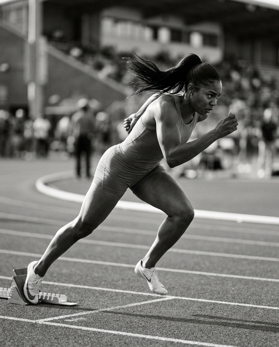 Female sprinter exploding out of the blocks down the track
