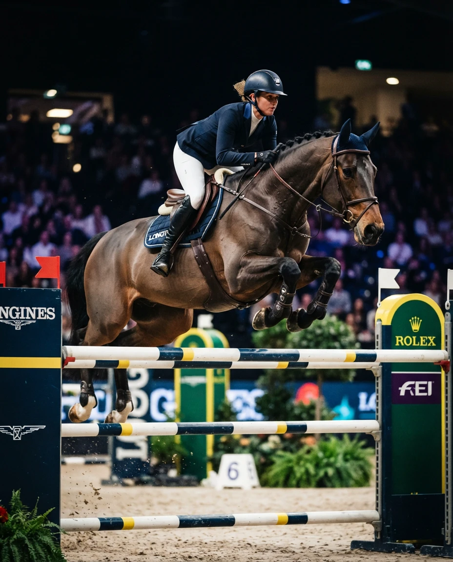 Equestrian rider mid-jump on a show jumping horse clearing an oxer fence under stadium lighting