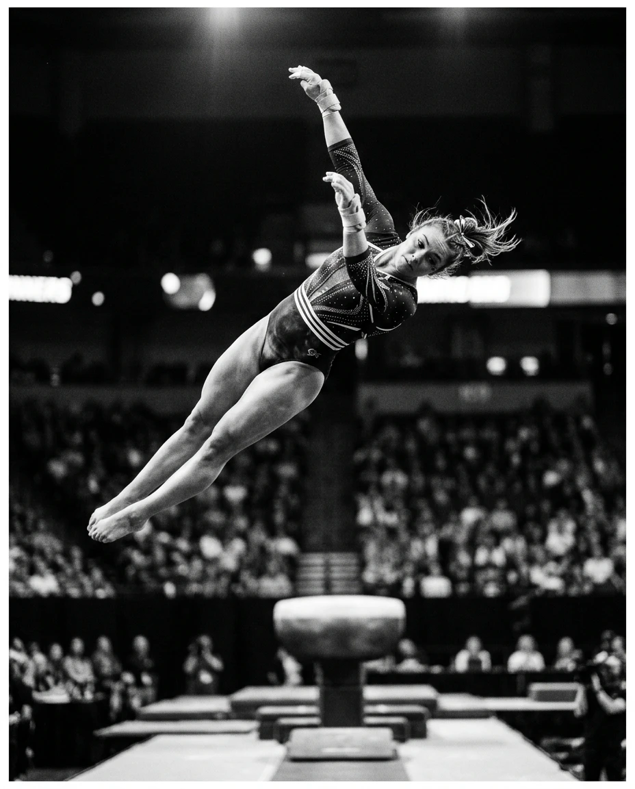 Female gymnast mid-air — precision sport where reaction time is safety