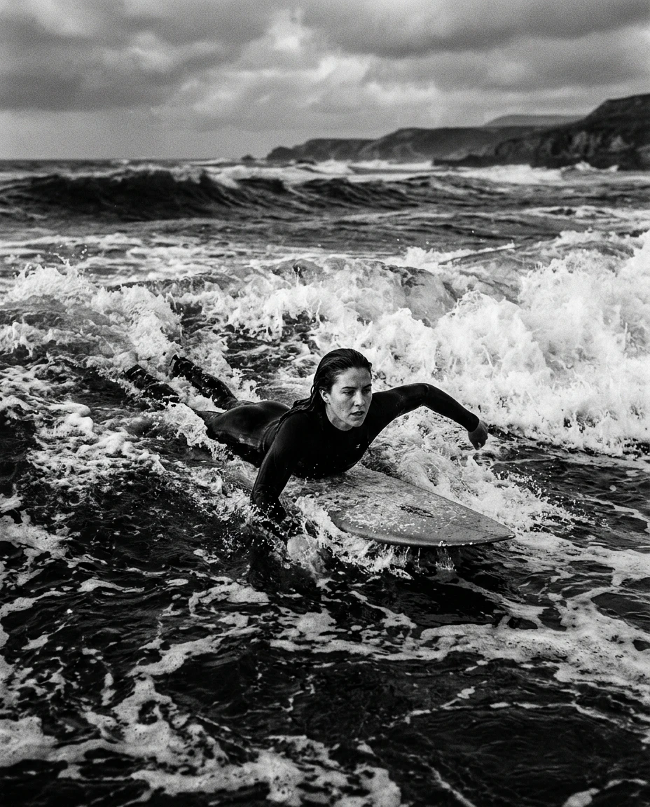 Female surfer paddling out — finding flow in the open ocean