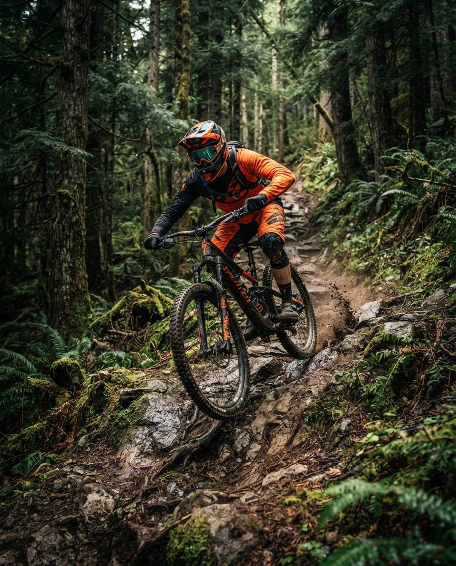 Mountain biker in full-face helmet mid-descent on a technical forest singletrack, knobby tires on dirt, dramatic lighting