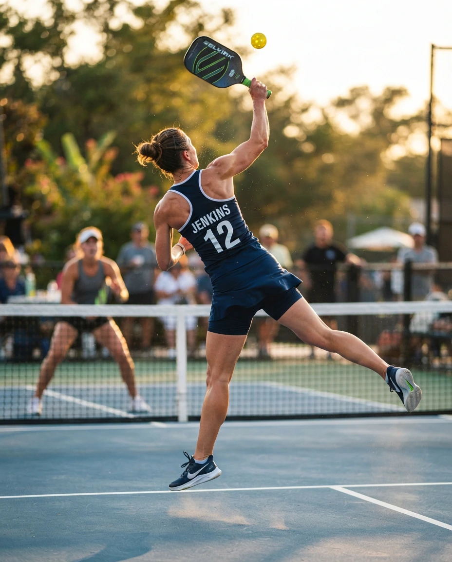 Pickleball player mid-overhead smash on outdoor court, fully extended with paddle at impact