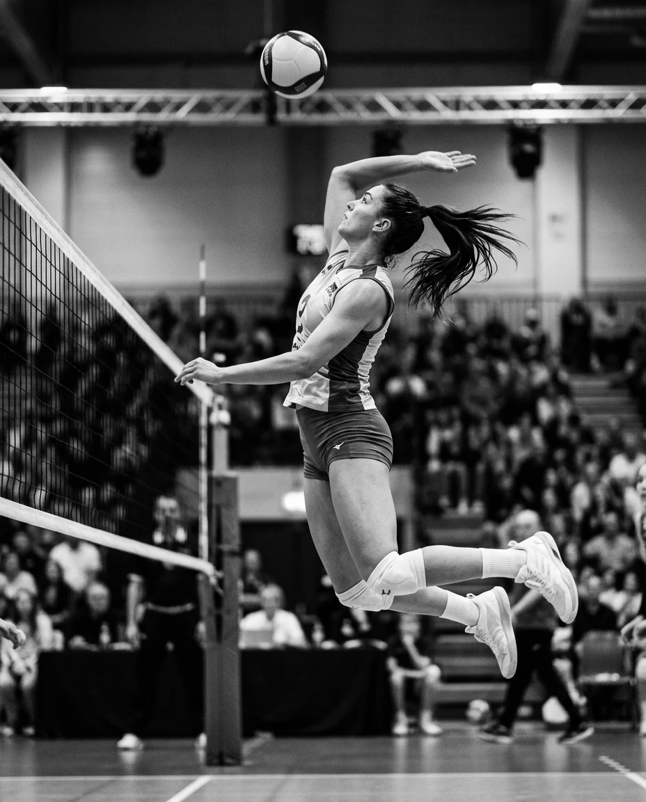 Female volleyball player at the peak of a jump spike