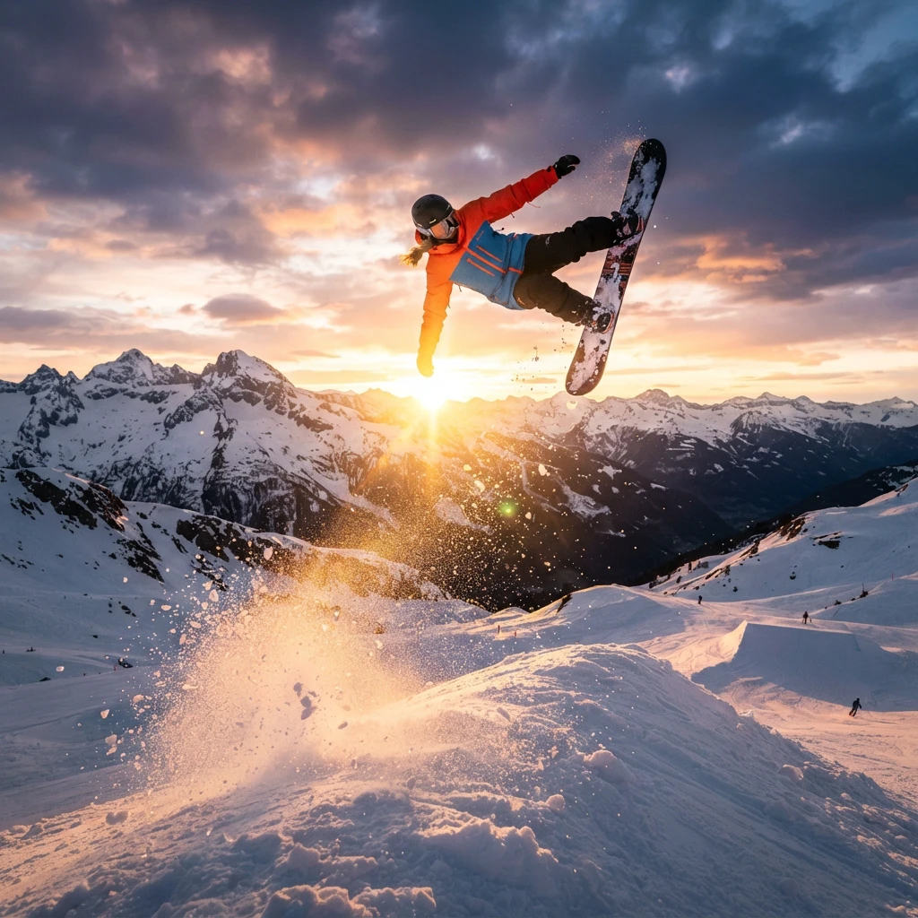 Snowboarder mid-air on a backcountry jump executing a grab trick, mountain peaks and sunset in background