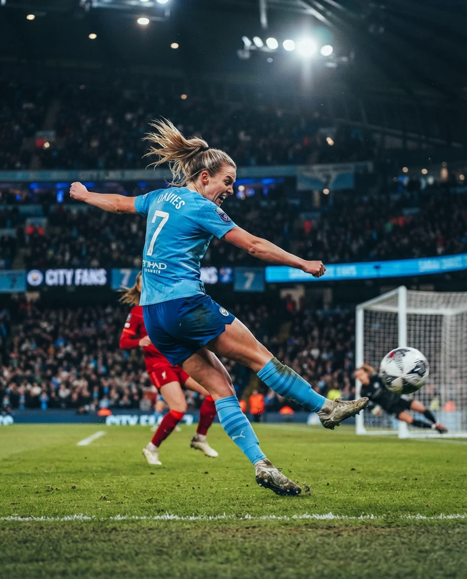 Female soccer player mid-strike shooting toward goal, dynamic motion, stadium lighting, crowd in background