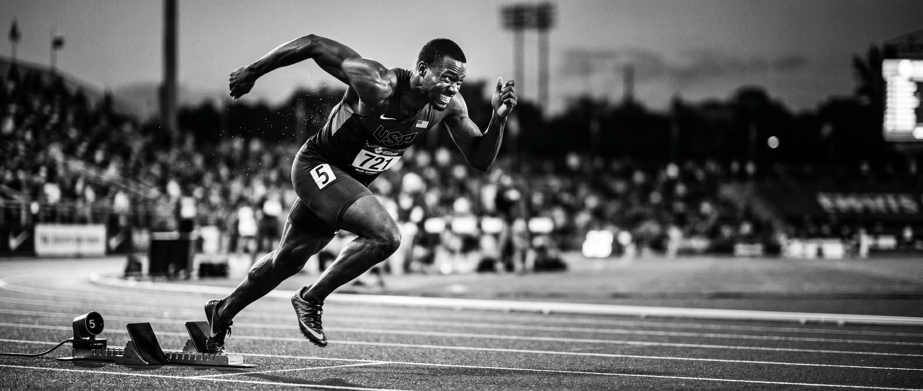 Male sprinter exploding out of the starting blocks
