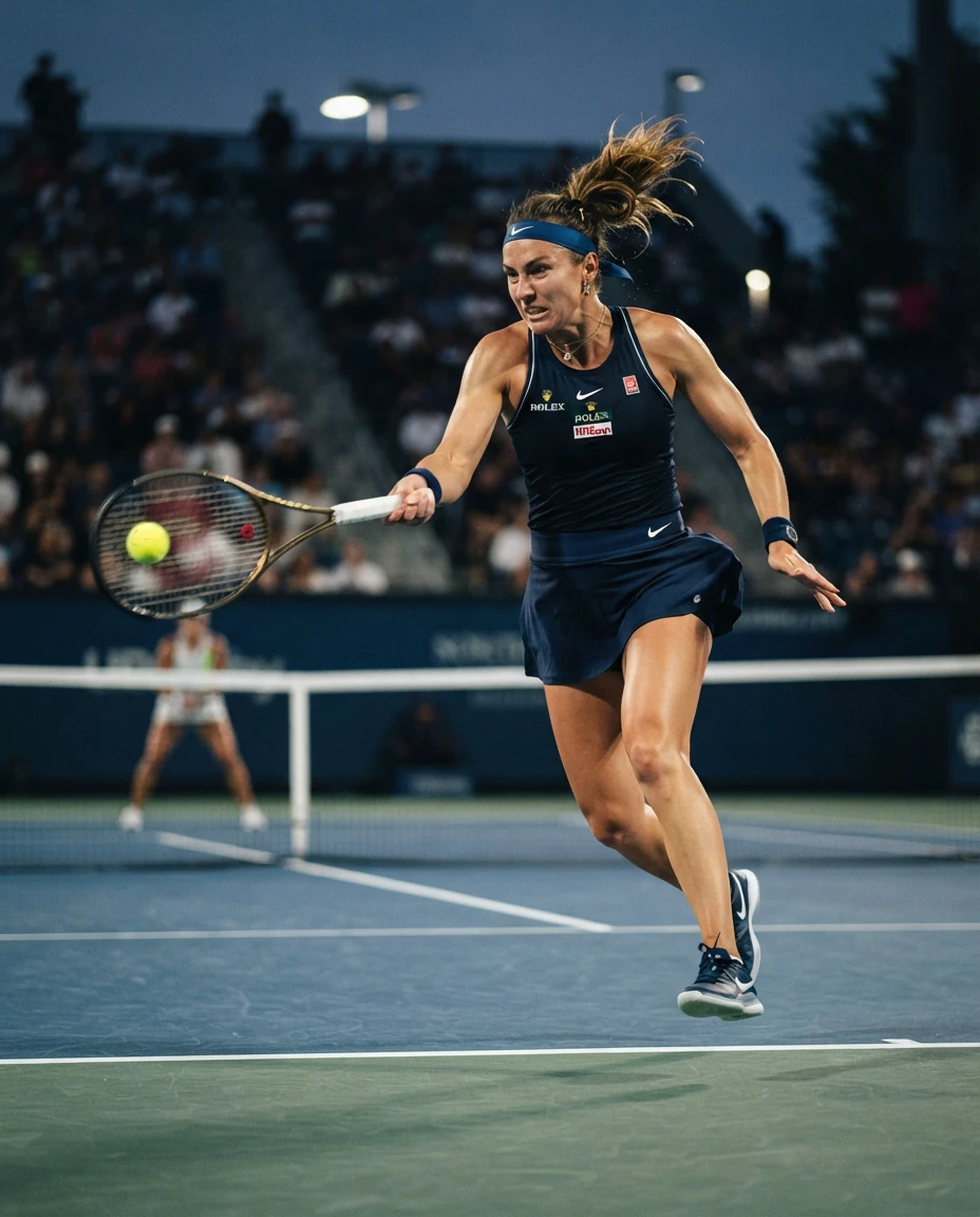 Tennis player mid-forehand swing on hard court, fully extended with the racquet at impact, stadium lighting