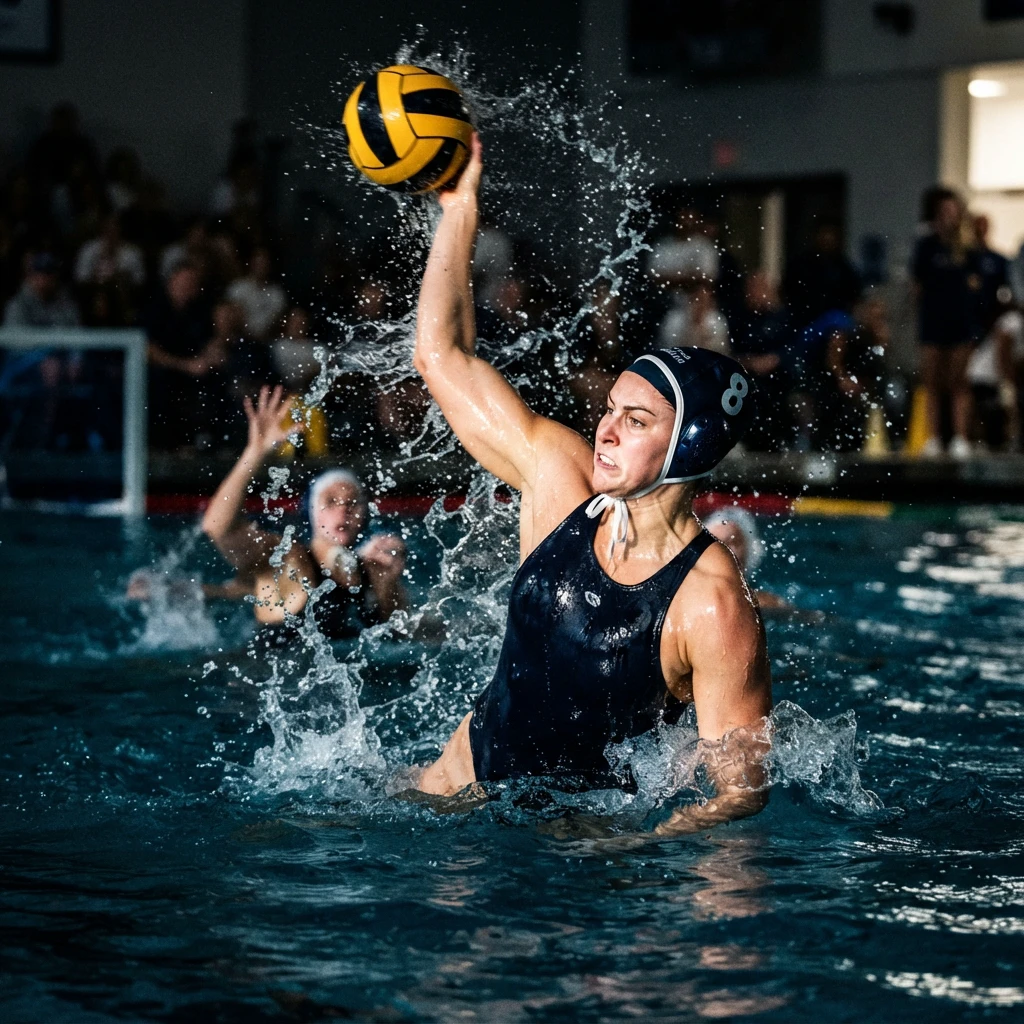 Water polo athlete mid-action, throwing a powerful shot with water splashing around her raised arm